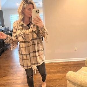 Vici Tan Plaid Button Down Shirt with Fringe